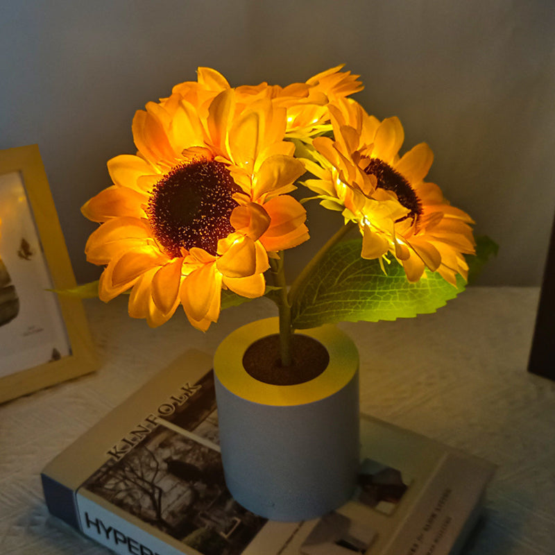 A close-up view of the sunflower lamp showcasing its intricate design and warm light.