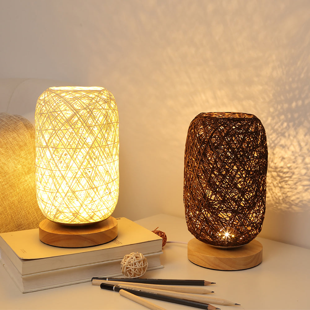 The rattan lamp in a beautifully decorated bedroom, providing ambient lighting.
