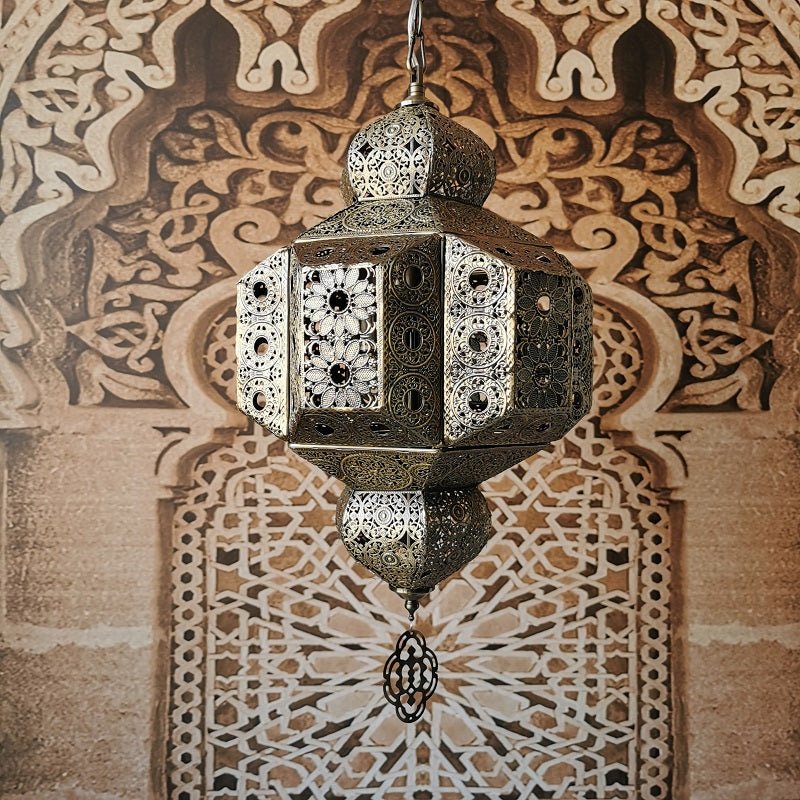 Close-up of the Moroccan style vintage hollow carved pendant light showcasing intricate metalwork.