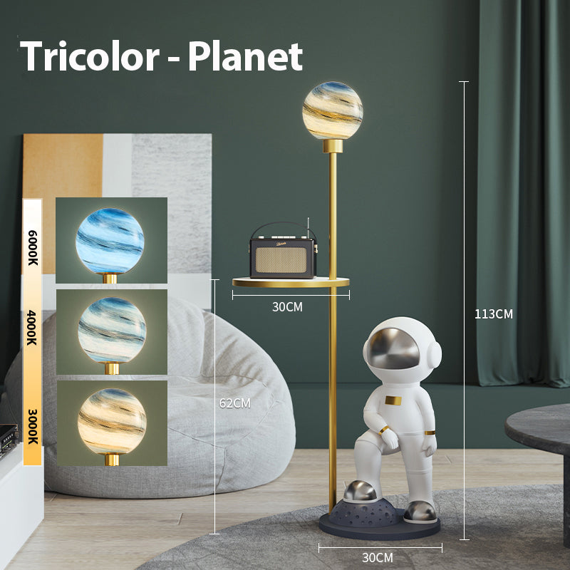 Astronaut floor lamp in a cozy living room setting, highlighting its decorative features.