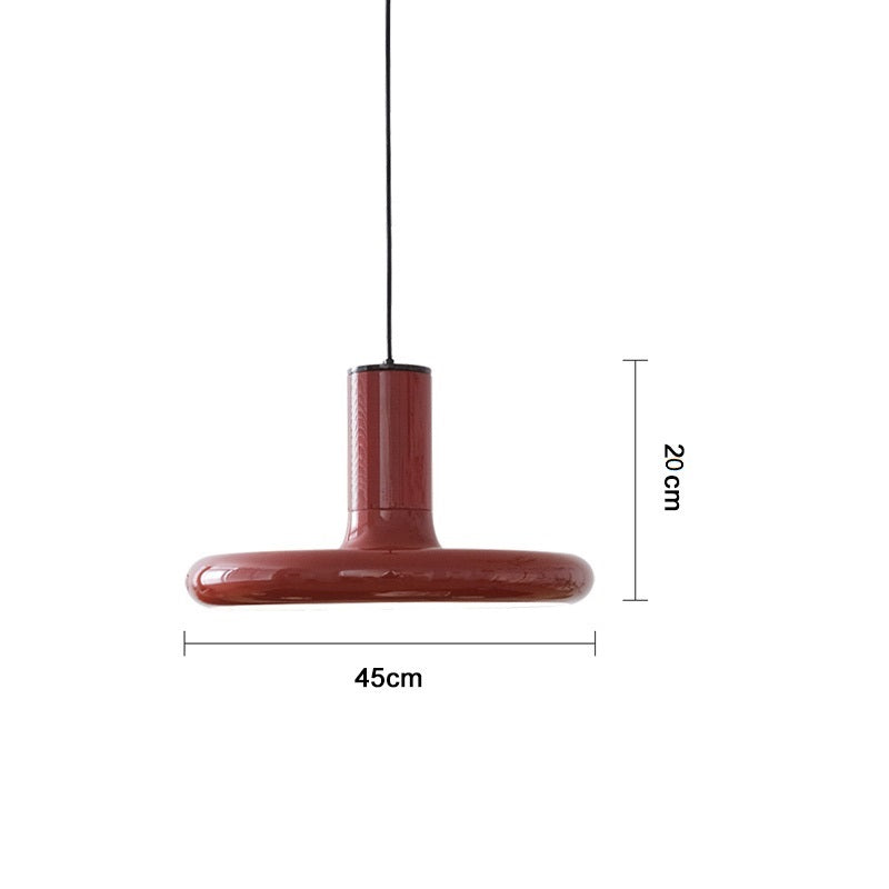 Retro Red UFO Pendant Light showcasing its wide shade in a cozy dining area.