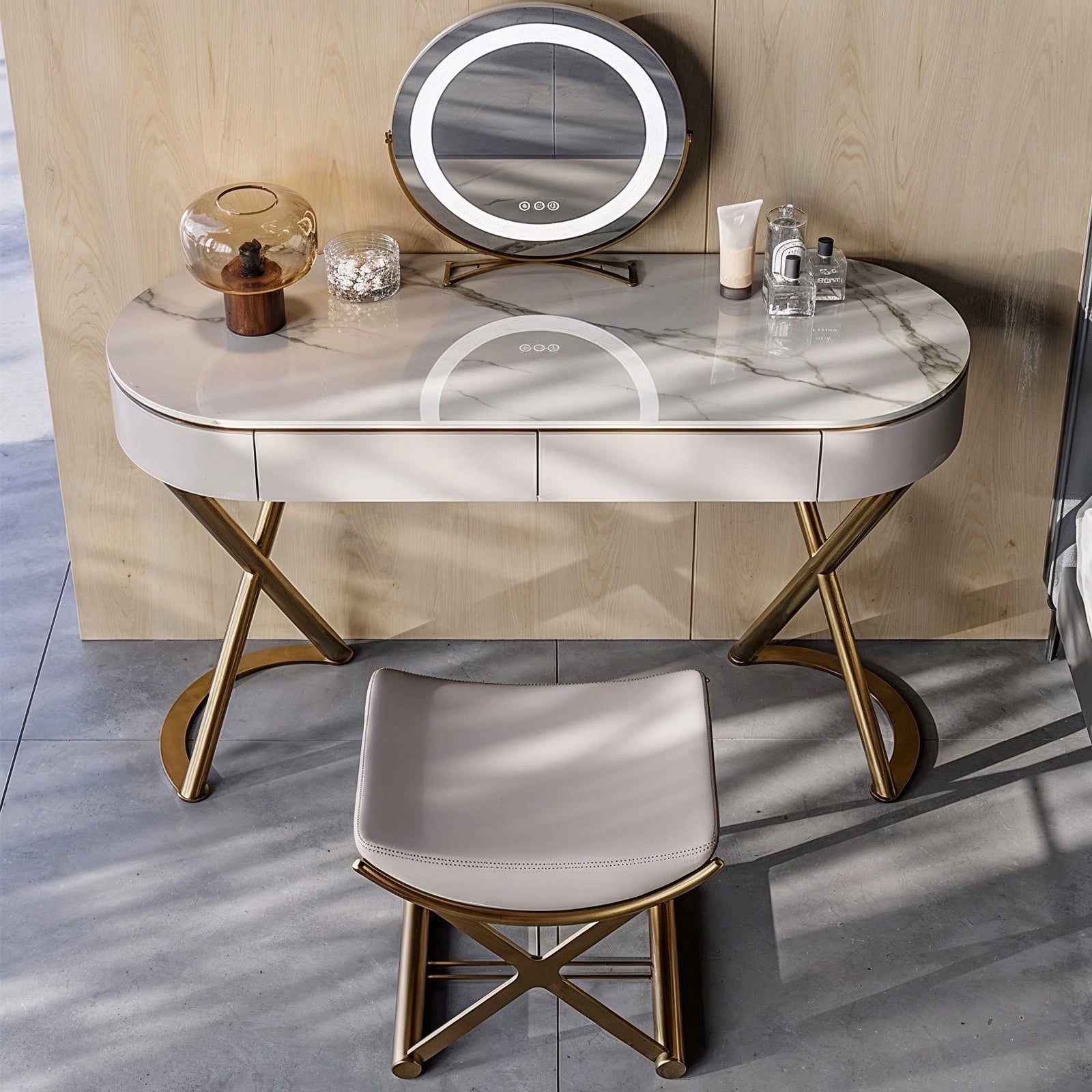 Comfortable stool made of microfiber leather paired with the modern cream vanity