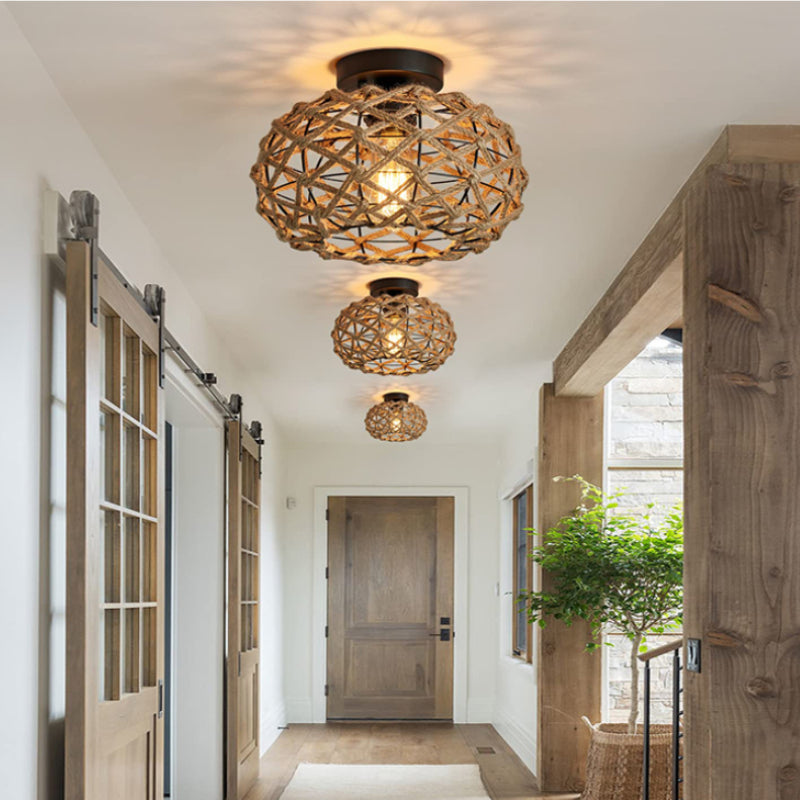 Hemp rope flush mount light in a cozy dining room setting, showcasing its warm glow.