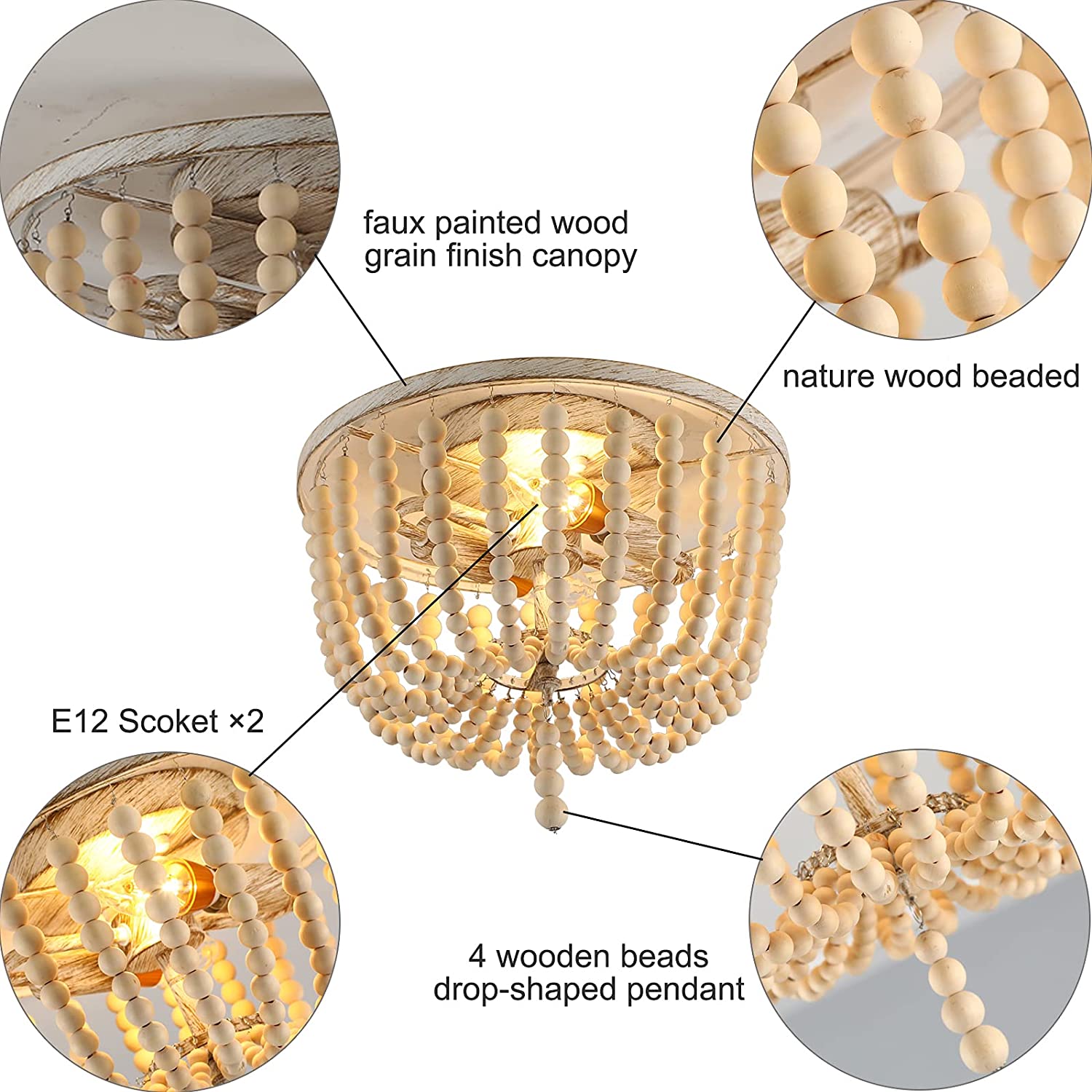 Rustic wood beaded ceiling light illuminating a cozy dining area.