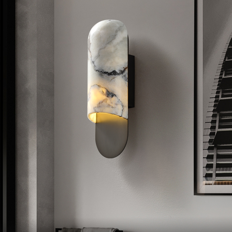 Elegant Copper Marble LED Wall Sconce showcased on a well-decorated wall in a dining room.
