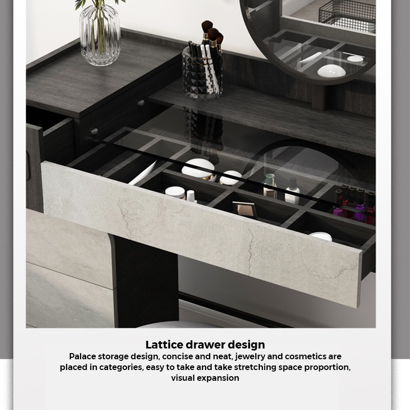 Stylish modern vanity table with five drawers, perfect for organizing beauty products.