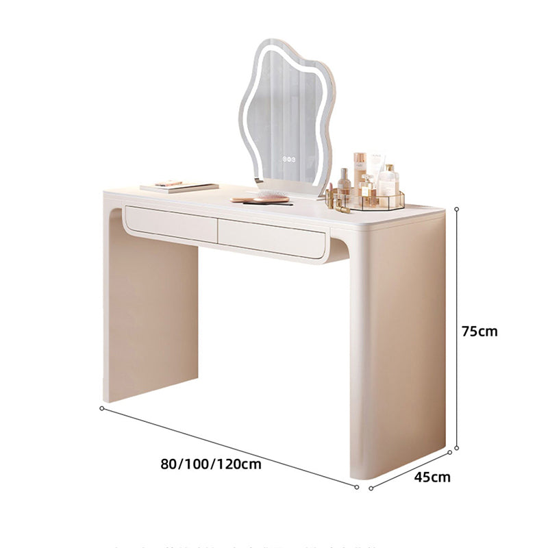 Elegant marble makeup vanity with mirror and stool showcasing spacious design and storage.