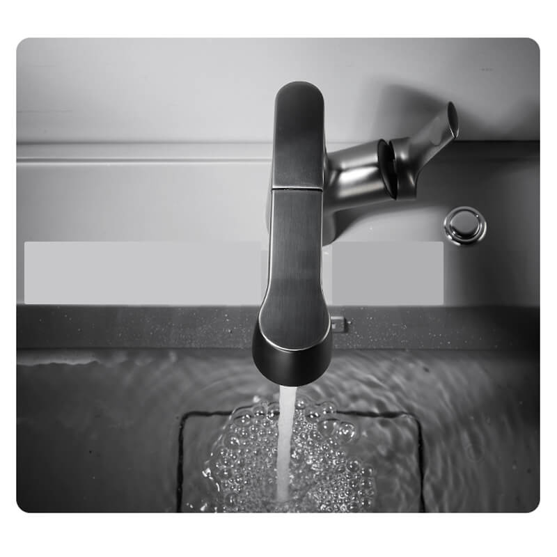 Close-up of temperature controller on retractable faucet with sleek brass detailing