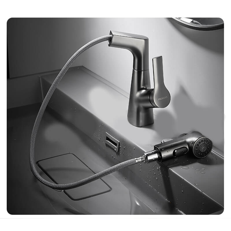 Side angle view showing retractable brass faucet fully extended above small sink