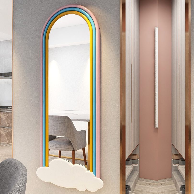 Front view of full length rainbow wall mirror in a modern bedroom setting