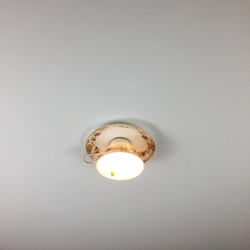Close-up view of the ceramic ceiling light demonstrating its intricate details and stylish finish.