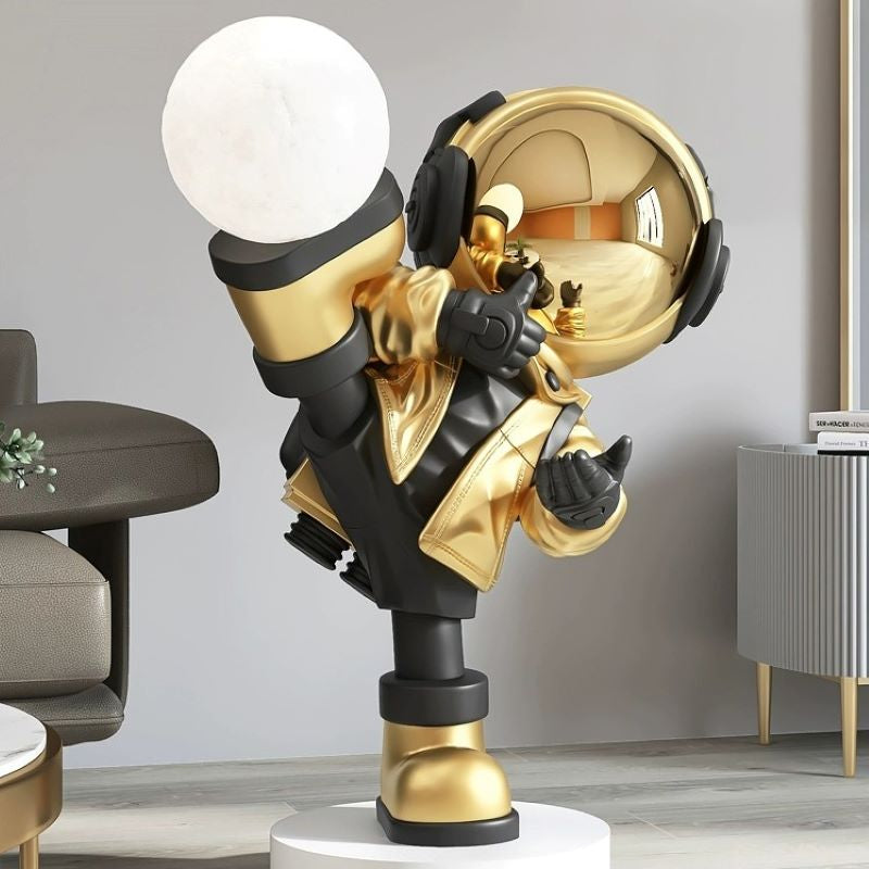 Cosmic Kung Fu Astronaut LED Floor Lamp showcasing its clear glass shade and unique design in a stylish living room.