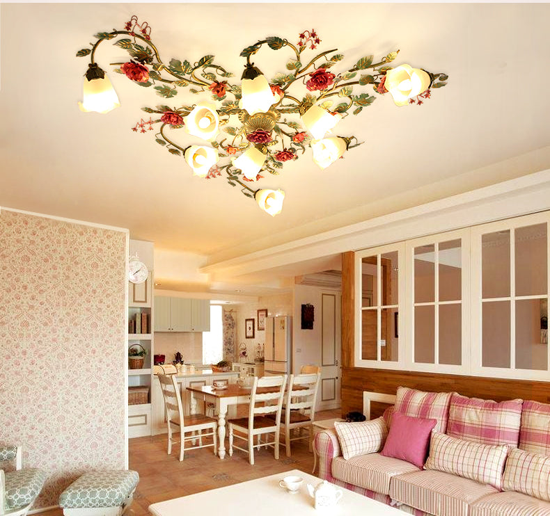 Rustic Rose Lantern Flush Mount Ceiling Light installed in a cozy dining room setting.