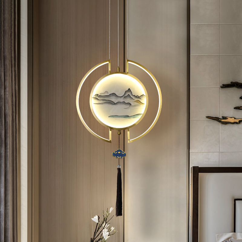 Side view of the elegant enamel stained glass pendant light showcasing its intricate design and tassel.