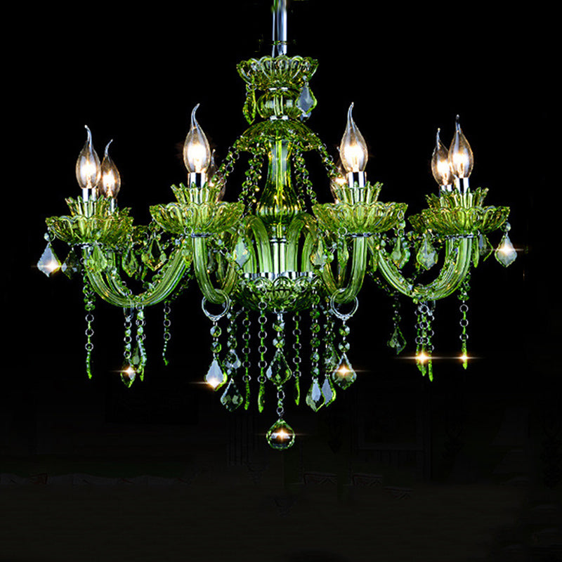 Elegant European style crystal chandelier showcasing LED lights from a side angle.