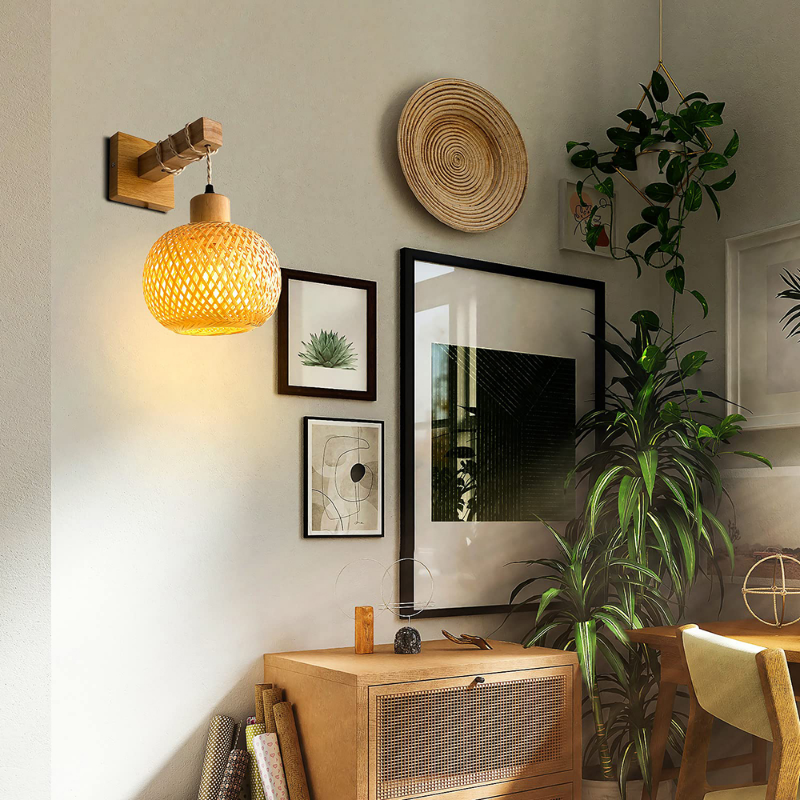 Close-up of rattan wall sconce showing handcrafted bamboo texture