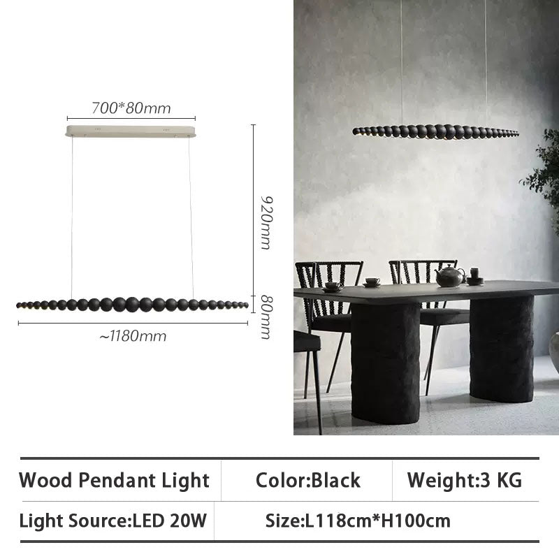 Front view of the elegant wooden LED pendant light in a modern kitchen setting.