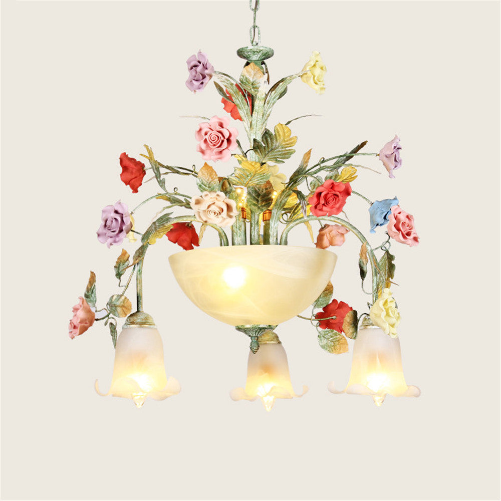 Floral chandelier from a side angle highlighting the intricate Murano art roses.
