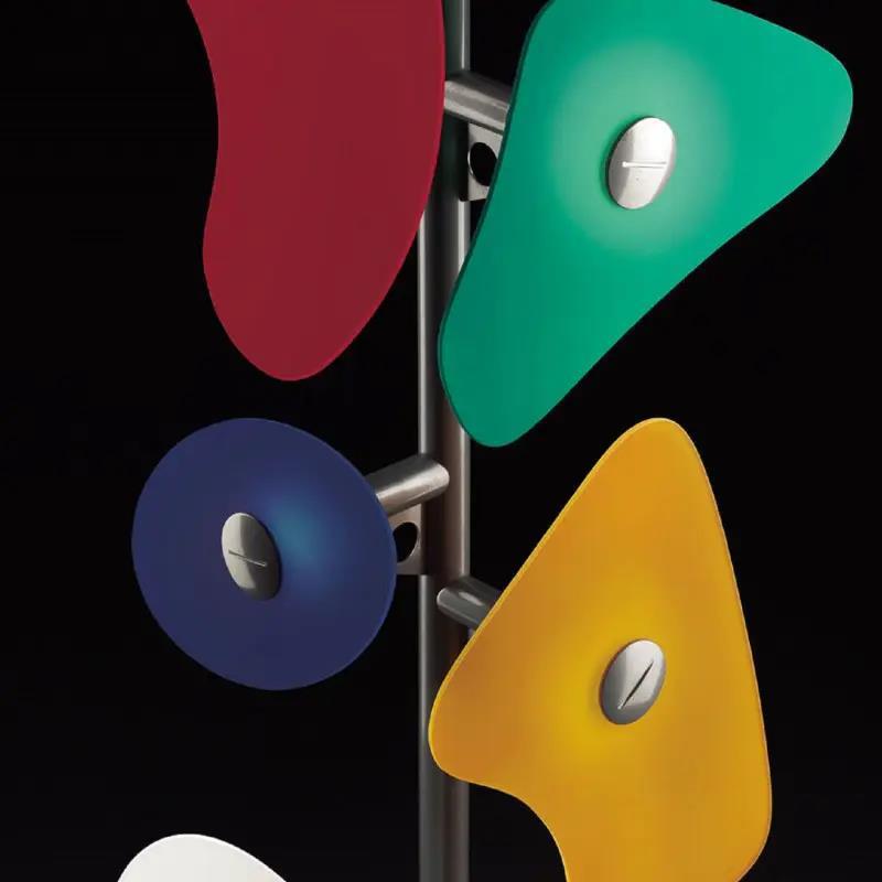 Elegant Orbital Art Deco Floor Lamp showcasing colorful glass reflectors in a modern living room setting.