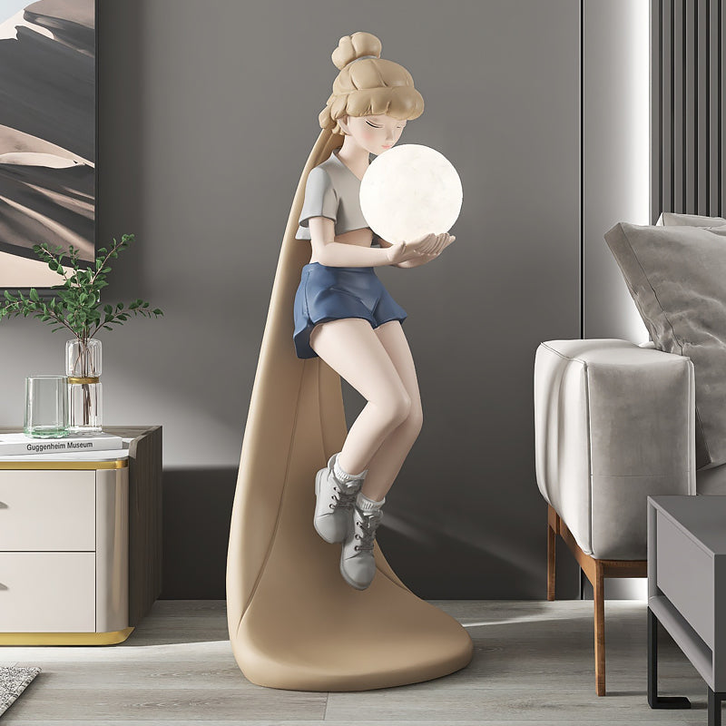 Artistic floor lamp placed in a stylish bedroom, enhancing the decor with its unique design.