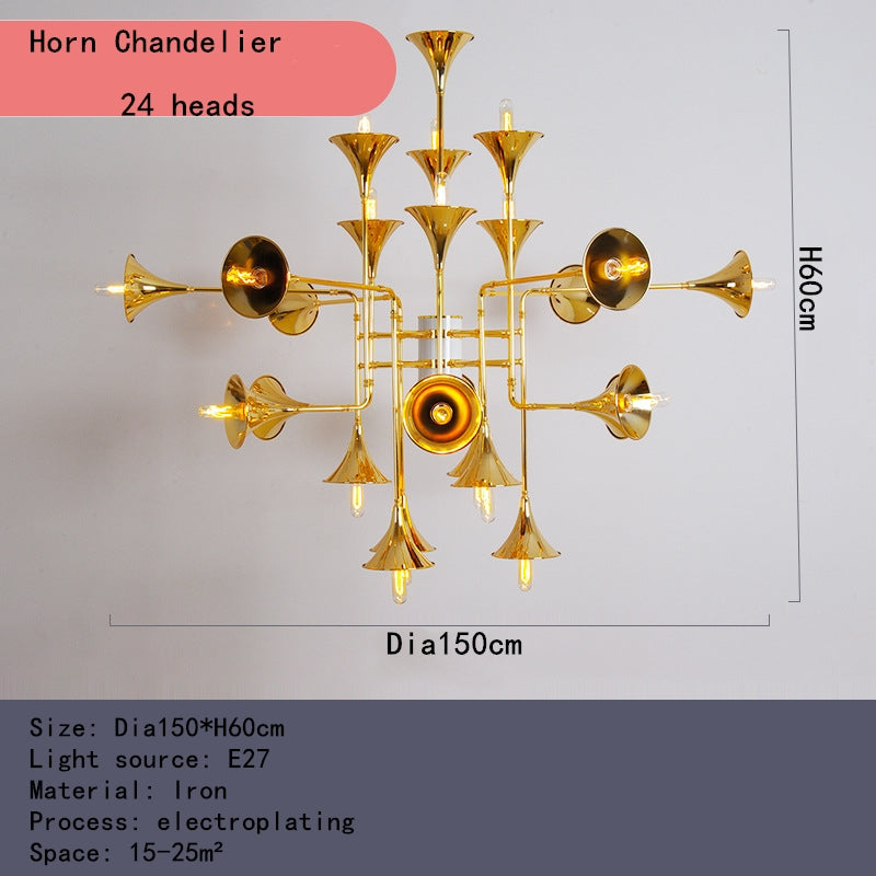 Close-up of the Nordic Brass Horn LED Chandelier highlighting its intricate brass details.