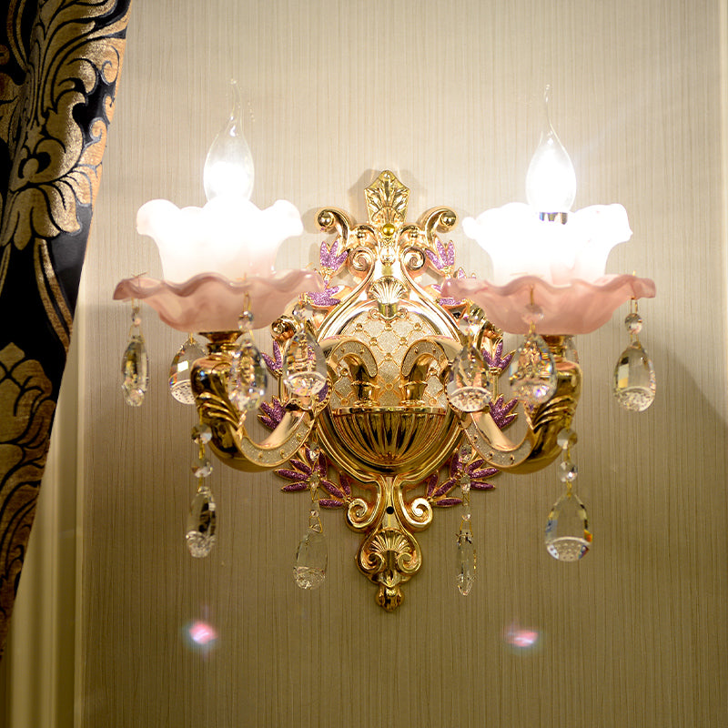 Elegant crystal wall sconce showcasing its gorgeous purple hue and unique design.