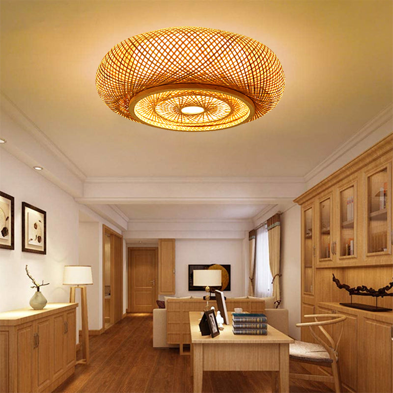 Close-up of the intricate bamboo weaving on the light fixture.