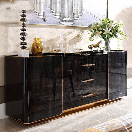 Front view of the chic black buffet cabinet showcasing its elegant design.