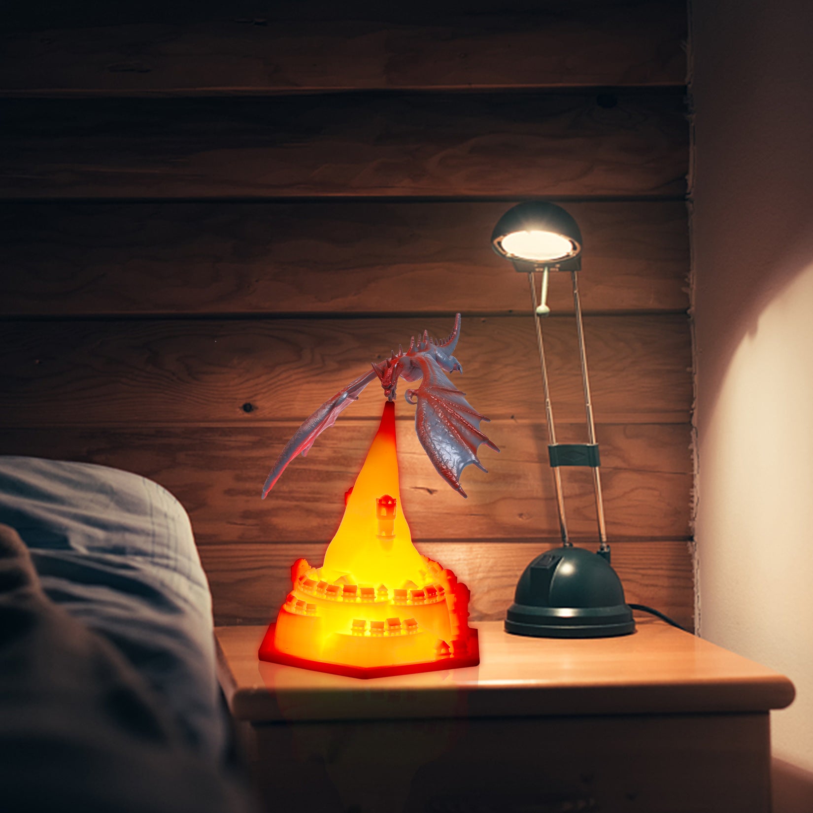 Close-up of the unique childrens night light with a glowing blue hue, perfect for bedtime.