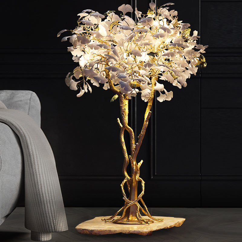 Close-up of the decorative light showcasing the natural ostrich feather shade.