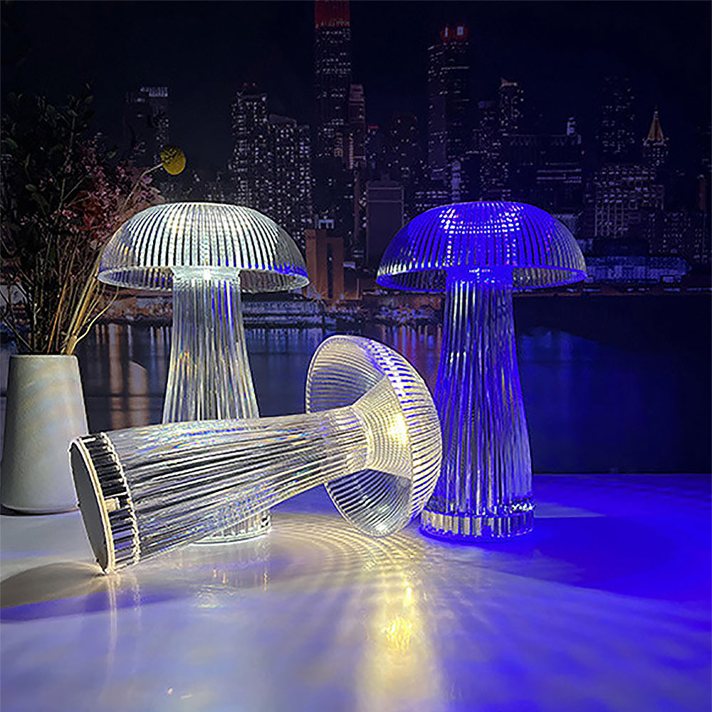 Portable cordless LED lamp ideal for outdoor dining, highlighting its crystal features.