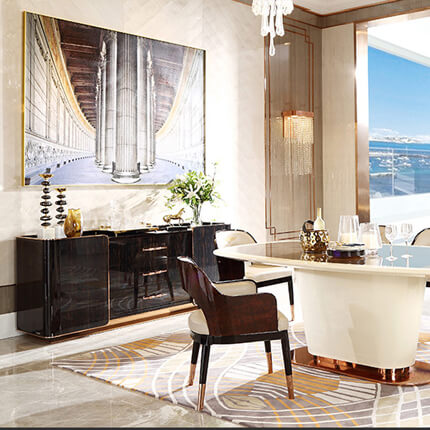 Close-up of the gold handles on the modern black sideboard.