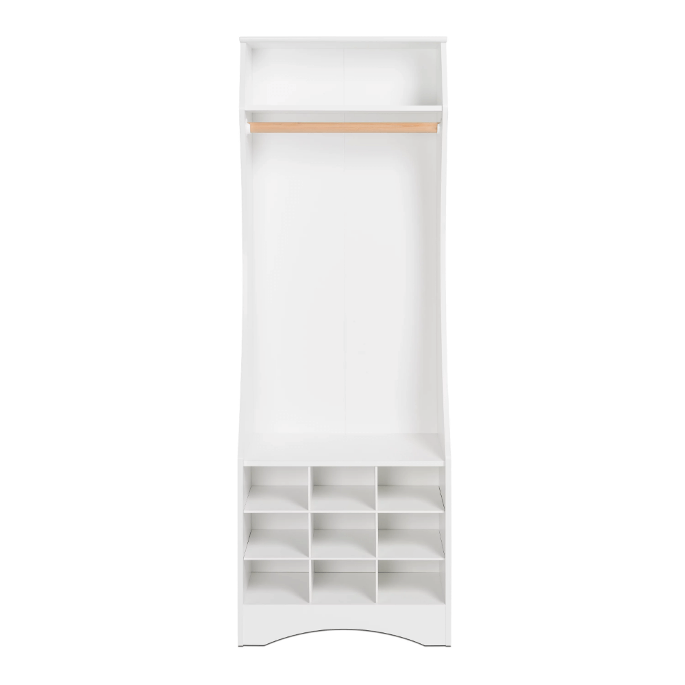 Sleek white compact wardrobe showcasing shoe storage cubbies