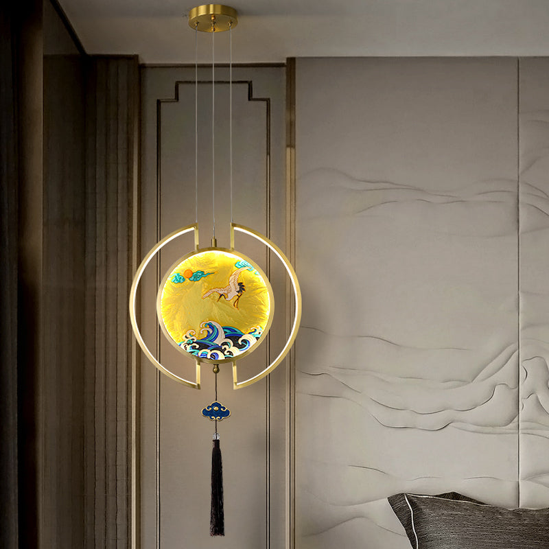 Side view of the elegant enamel stained glass pendant light showcasing its intricate design and tassel.