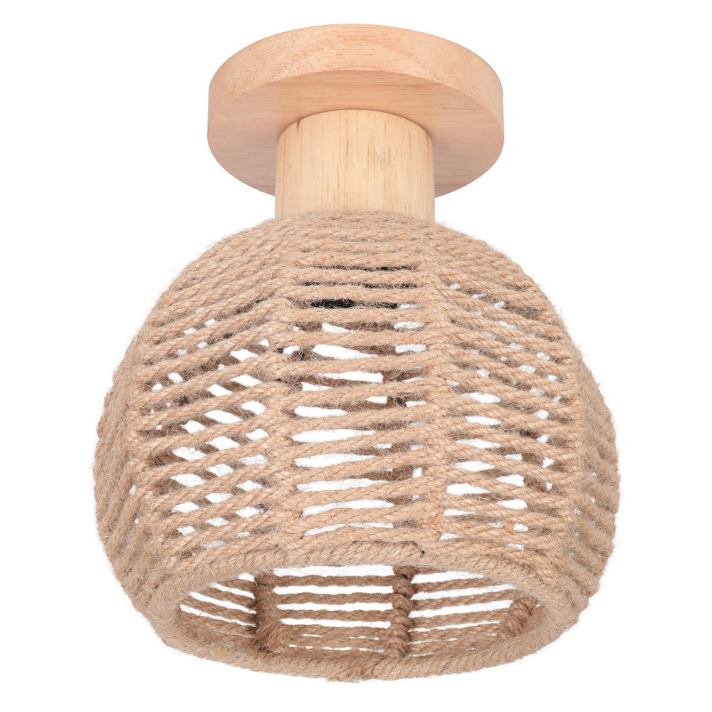 Close-up of hemp rope ball cage design in ceiling light fixture