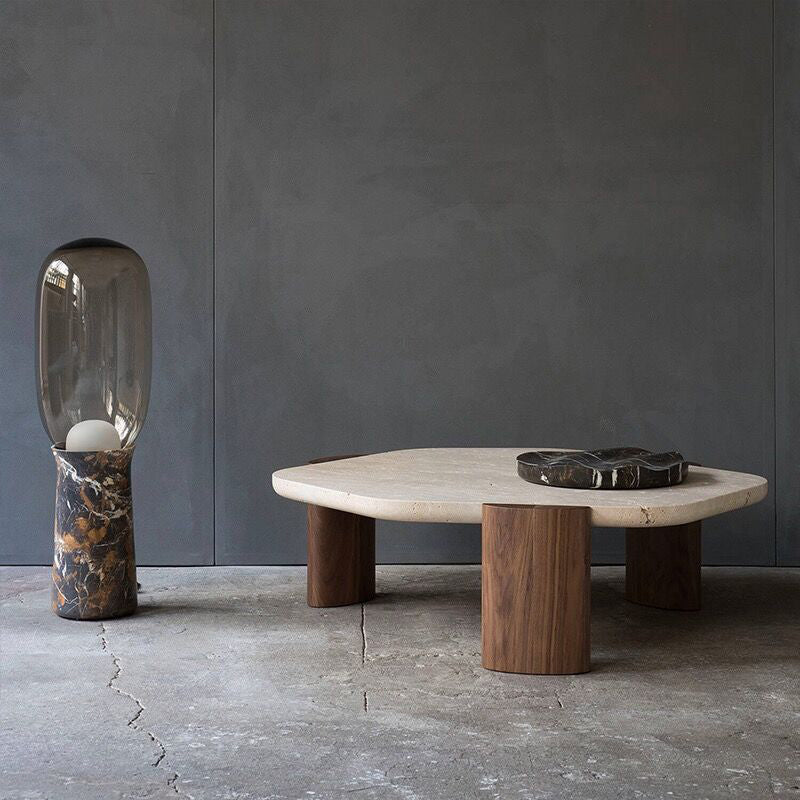 Side view of the Nordic style coffee table, highlighting the natural marble and ash wood finish.