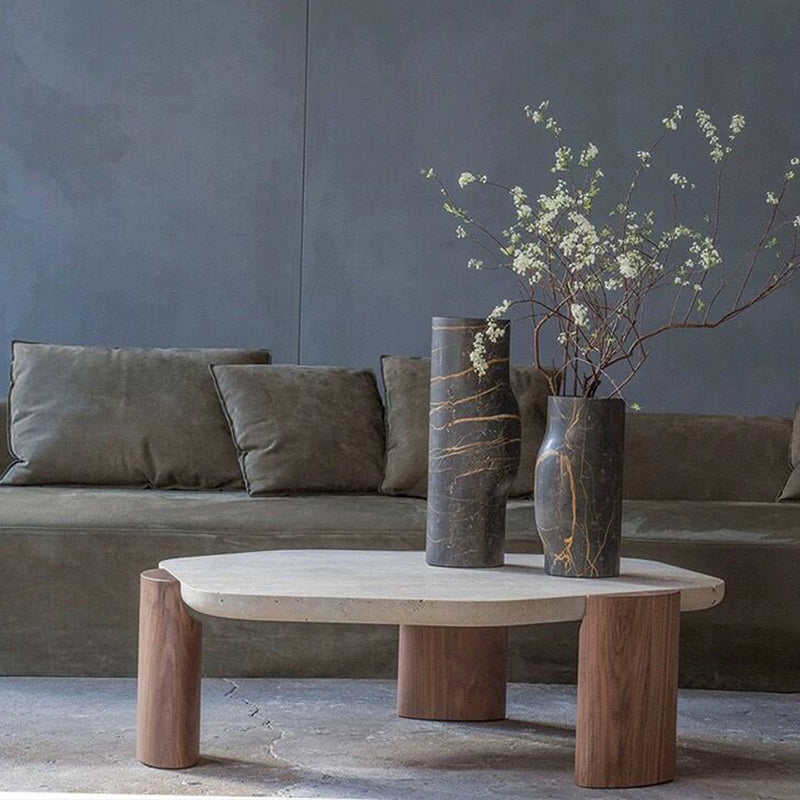 Close-up of the coffee tables surface, showcasing the texture and quality of the natural marble.