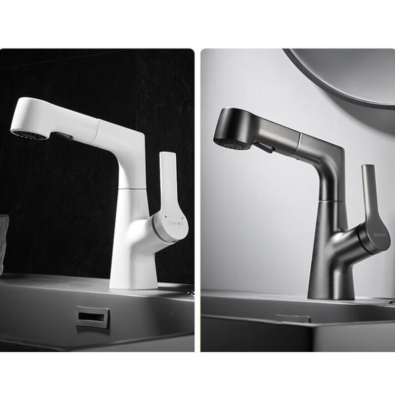 Top-down shot featuring the deck mounted faucet in a modern bathroom with black finish