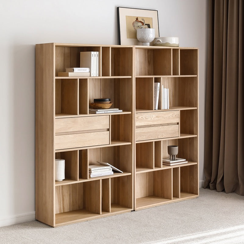 Japanese Industrial Solid Wood Bookshelf in a living room setting, displaying books and decor.