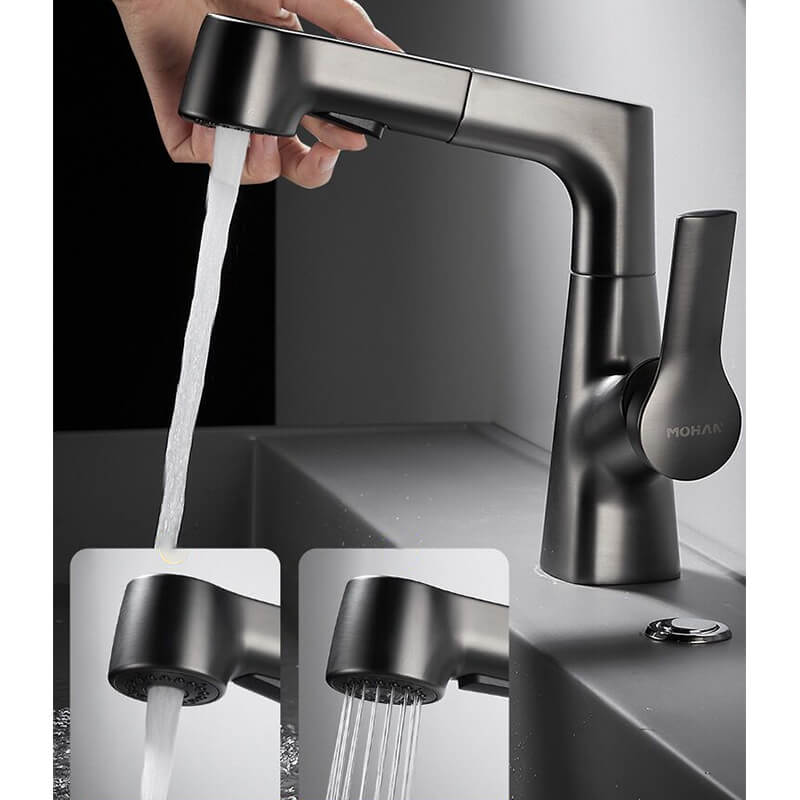 Side angle view showing retractable brass faucet fully extended above small sink