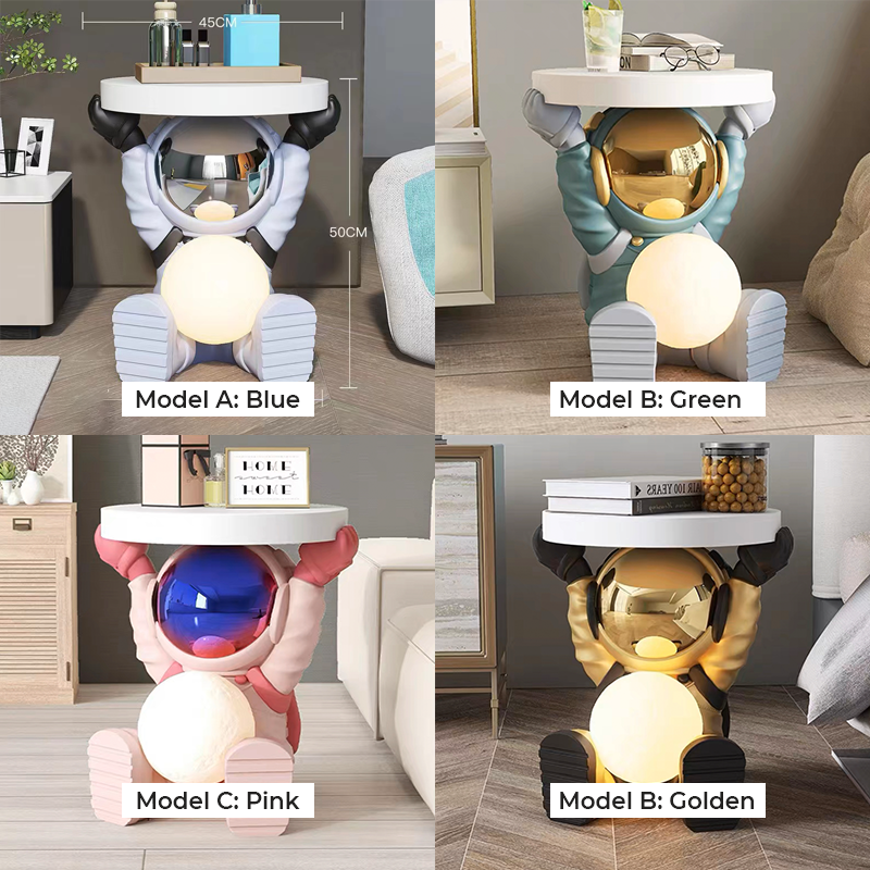 Close-up of the astronaut figurine holding the moon on the nightstand, highlighting unique design.