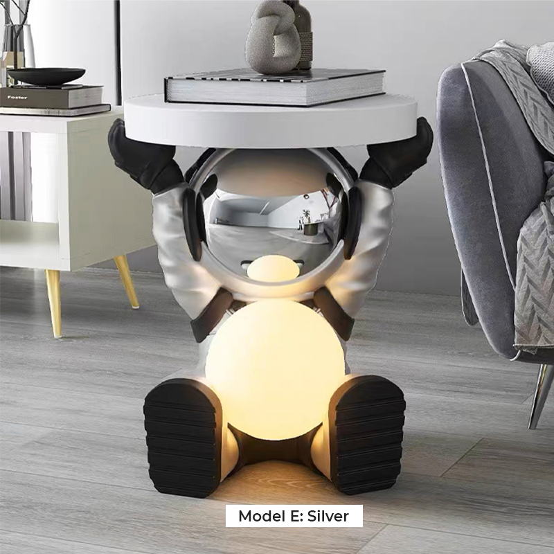 Modern nightstand with LED light in various colors, showcasing its versatility in space-themed decor.