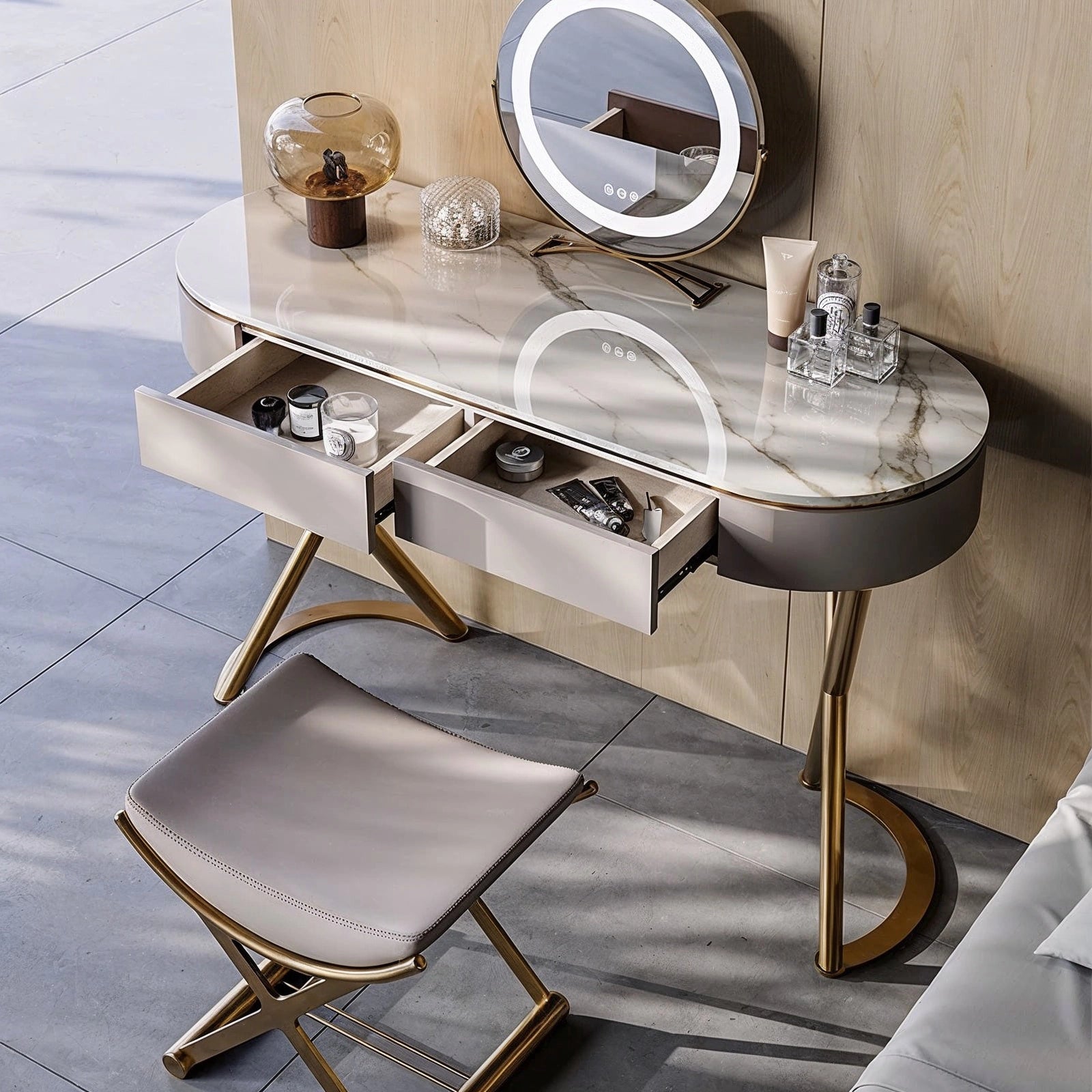 Close-up of the LED lighted mirror for makeup, reflecting stylish makeup accessories