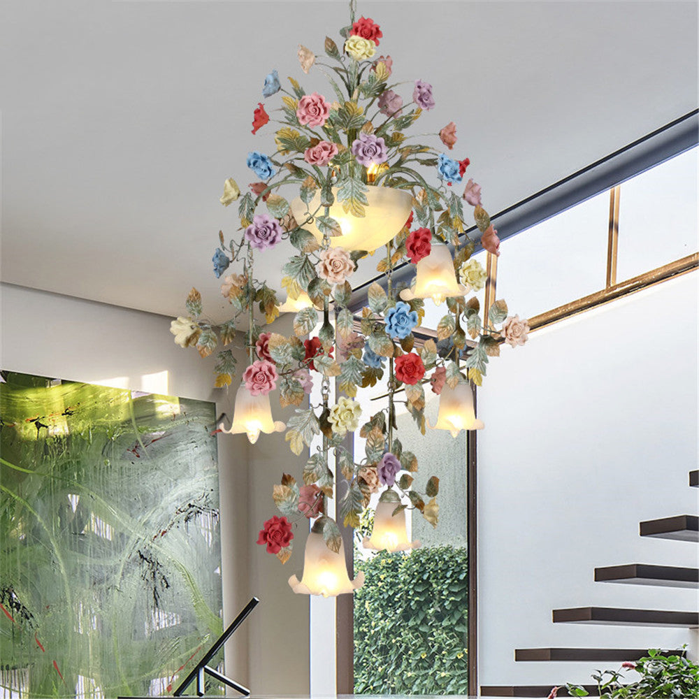 Floral chandelier from a side angle highlighting the intricate Murano art roses.