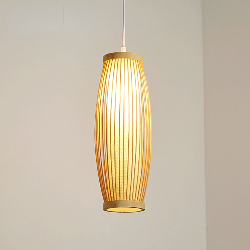 Bamboo pendant light hanging in a modern cafe, enhancing the decor.