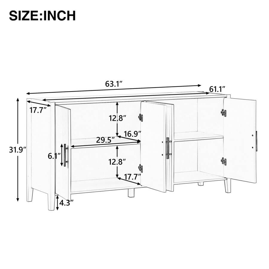 Interior view of the buffet cabinets spacious compartments, ideal for versatile storage.