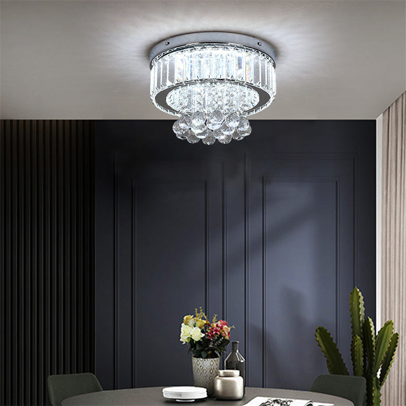 Chrome Elegance Crystal Ceiling Light showcasing its elegant design in a cozy dining area.
