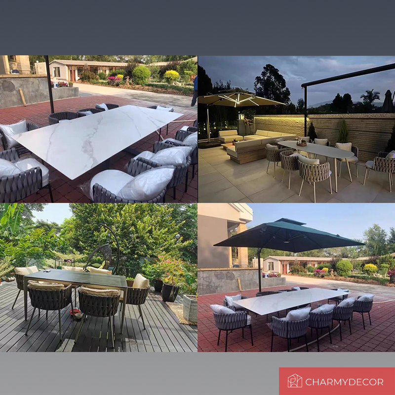 Spacious outdoor dining table with rattan chairs in a serene garden setting