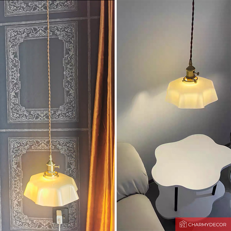 Vintage Elegance Wavy Glass Pendant Light illuminating a cozy living room, creating a warm ambiance.