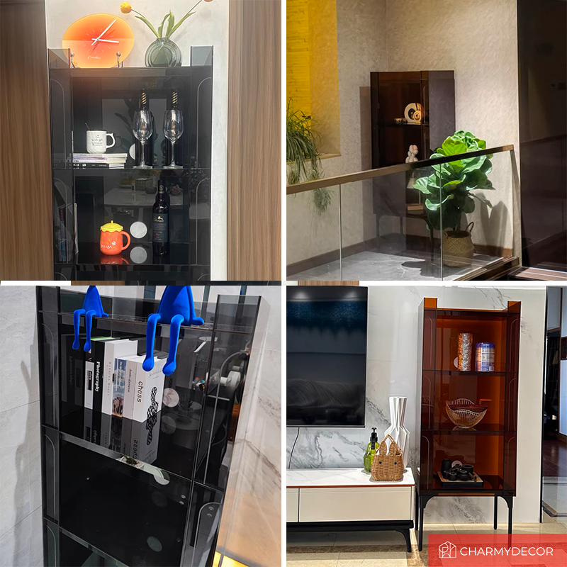 Elegant acrylic display cabinet in black crystal with books and decor